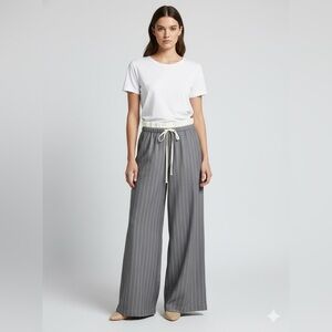 FORE Gray Pinstripe Wide Leg Trousers | Silk-Style Waistband | Size M